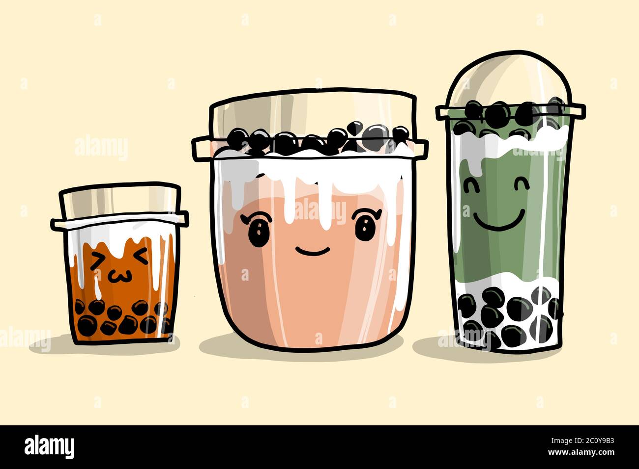 Drei Bubble Teetassen oder Perltee. Zeichnung Vektor-Illustration in kawaii Cartoon-Stil. Am besten für jede kommerzielle Grafik-Design. Es ist sehr berühmt in T Stock Vektor