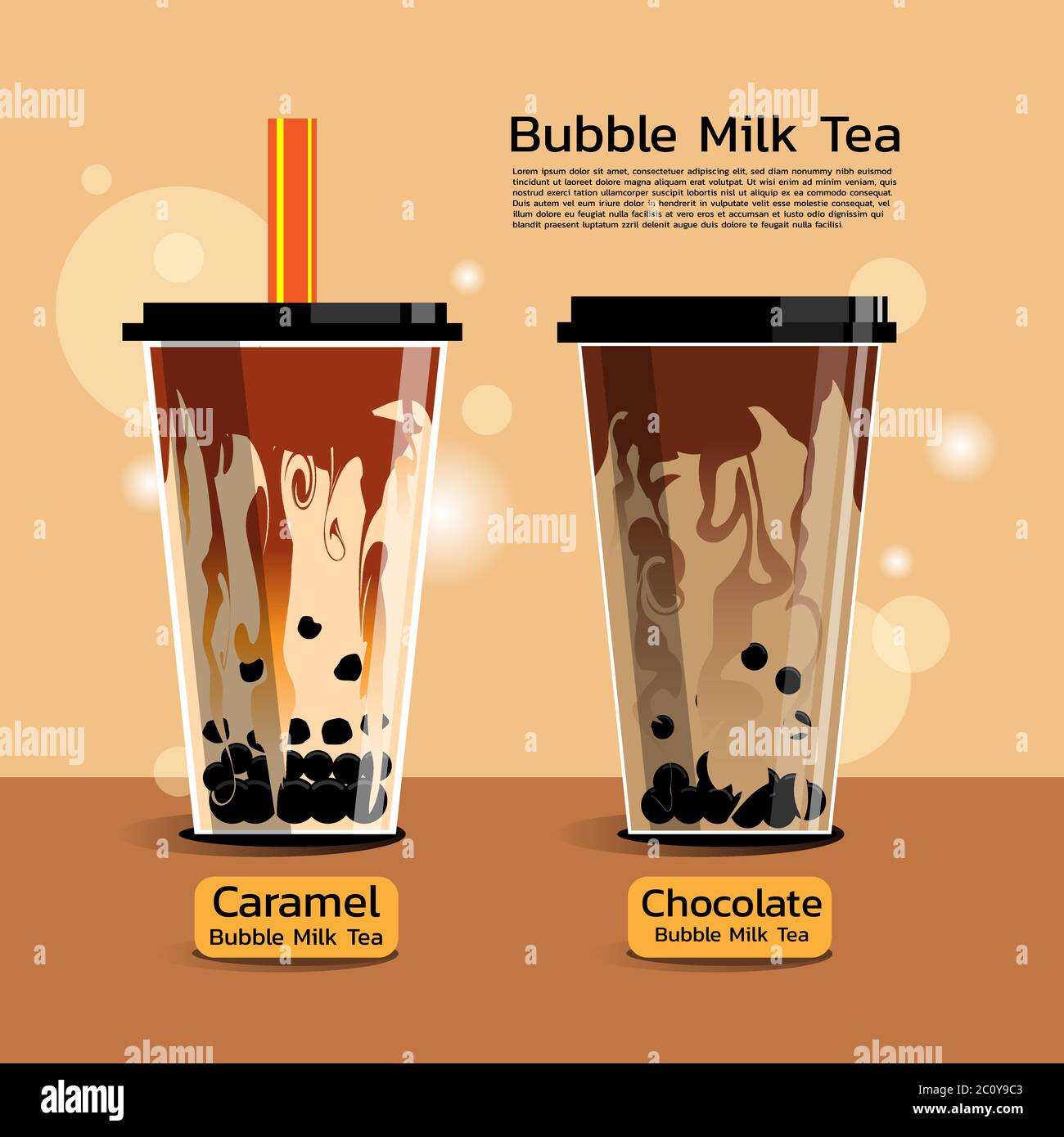 Bubble Milk Tea Set, Schokoladenmilch und Karamellmilch Geschmack. Sehr berühmter Drink von Thailand, Taiwan und auf der ganzen Welt. Stock Vektor