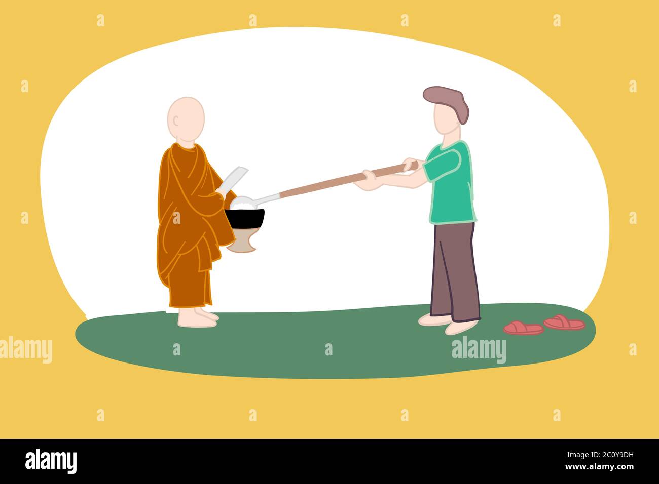 Ein Mann bietet Nahrung für buddhistische Mönch. Lustiges Konzept für soziale Distanzierung in Pandemie. Ein Mann binden eine Pfanne mit langen Stock, um einen Mönch Nahrung in Almosen-b geben Stock Vektor
