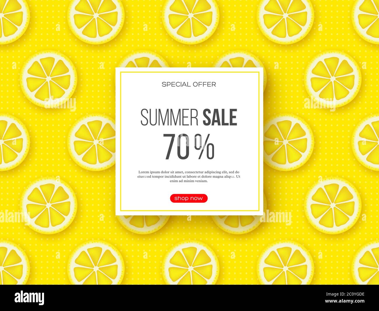 Sommer-Sale-Banner mit geschnittenen Zitronenstücken und gepunkteten Muster. Gelber Hintergrund - Vorlage für saisonale Rabatte, Vektor-Illustration. Stock Vektor