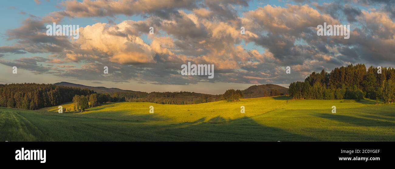 Schöne Sonnenuntergangslandschaft mit Wiesen, Bäumen, Wäldern, im Hintergrund bewaldete Hügel und blauer Himmel mit Wolken Stockfoto