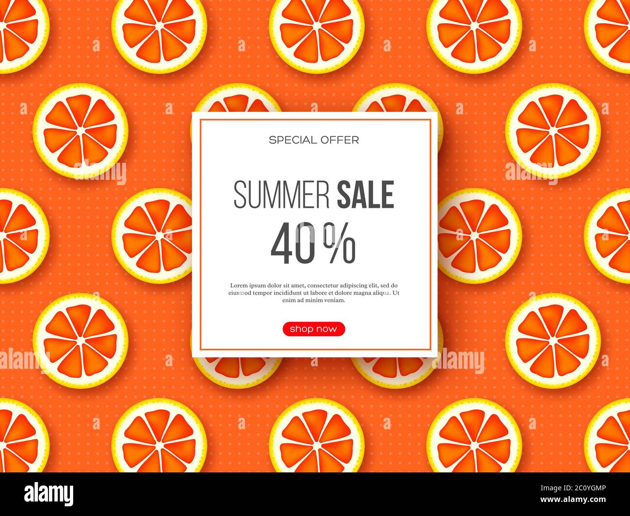 Sommer-Sale-Banner mit geschnittenen Grapefruit-Stücke und gepunkteten Muster. Orange Hintergrund - Vorlage für saisonale Rabatte, Vektor-Illustration. Stock Vektor