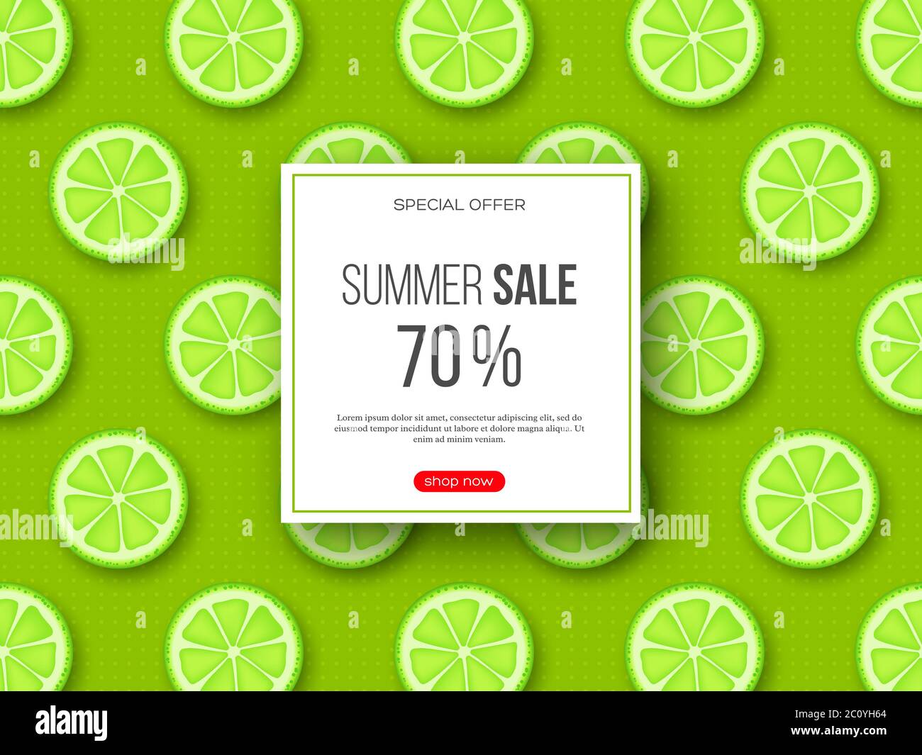 Sommer-Sale-Banner mit geschnittenen Limettenstücken und gepunkteten Muster. Grüner Hintergrund - Vorlage für saisonale Rabatte, Vektor-Illustration. Stock Vektor