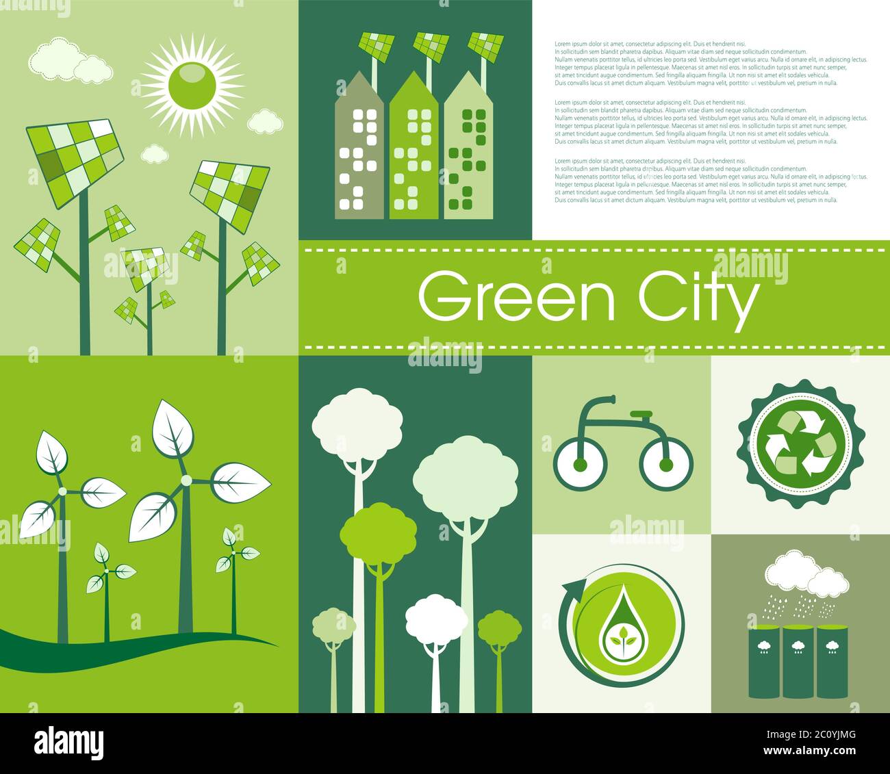 Green Eco City Living Konzept im Kachelformat mit Platz für den eigenen Text. Stock Vektor