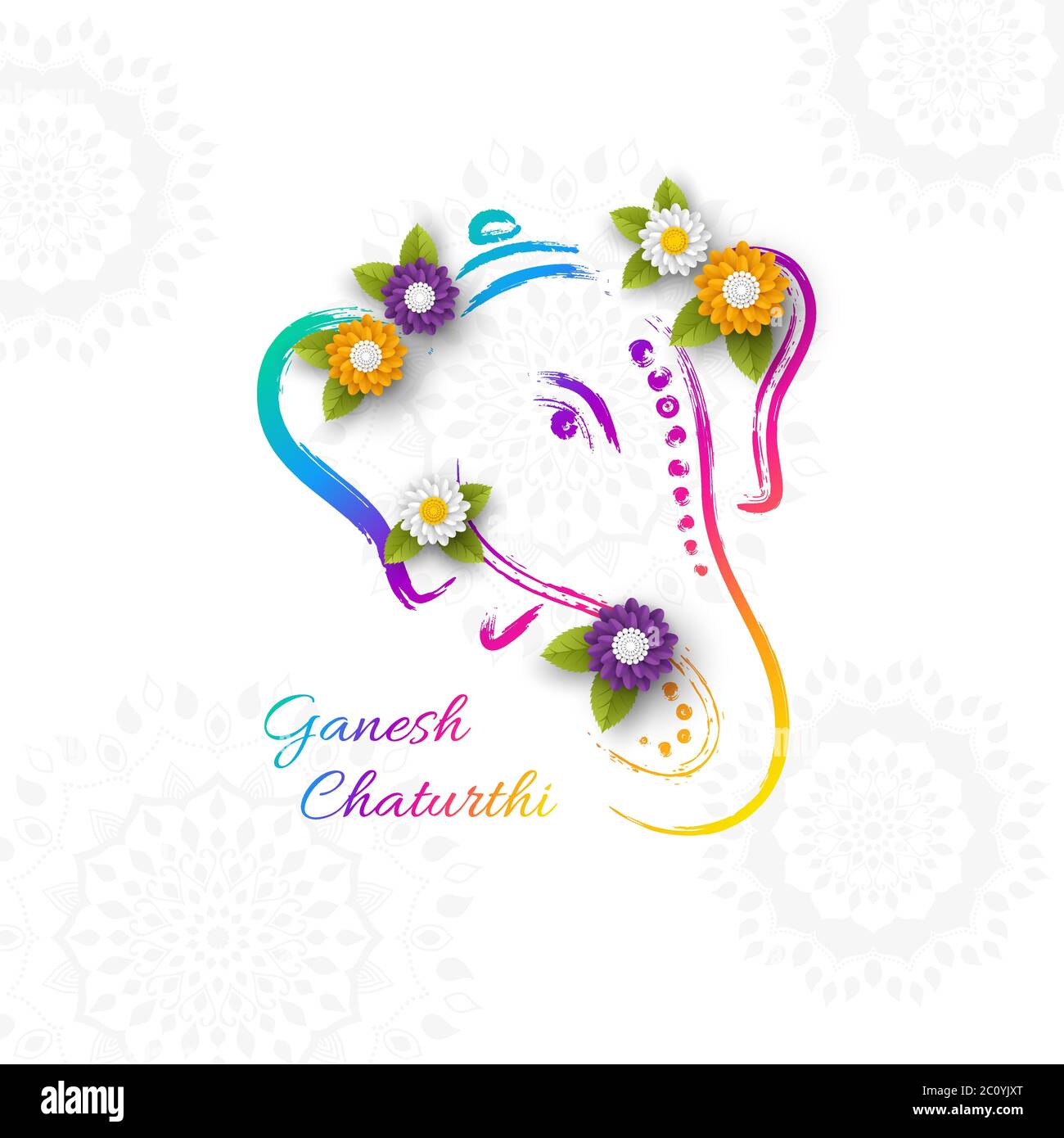 Urlaubsgestaltung für traditionelles indisches Festival von Ganesh Chaturthi. Handgezeichnete Illustration mit Papier geschnitten Stil Blumen. Grunge rangoli weiß Stock Vektor