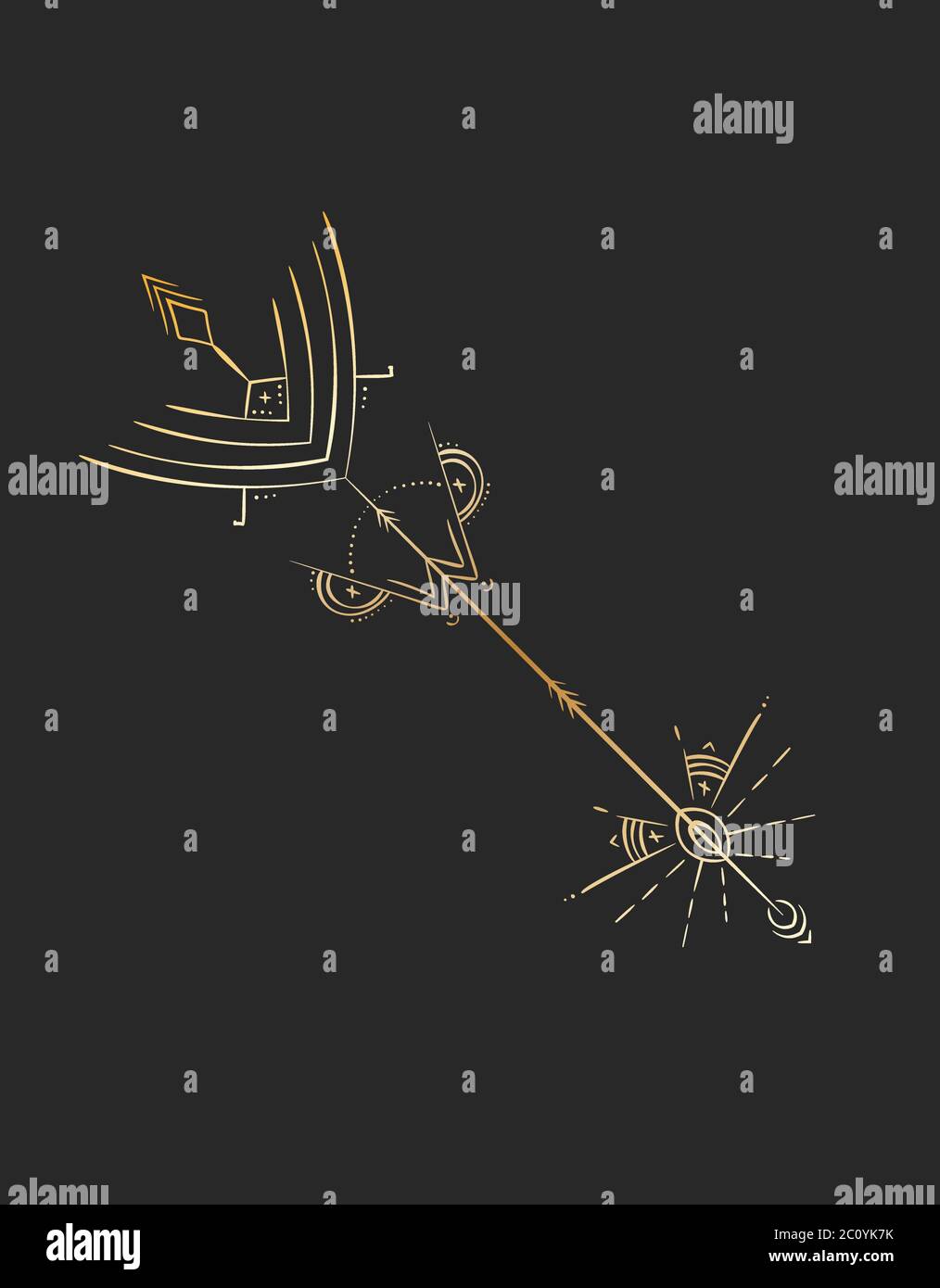 Geometrisches Tattoo Design, Gold mystischer Alchemie Pfeil Stock Vektor