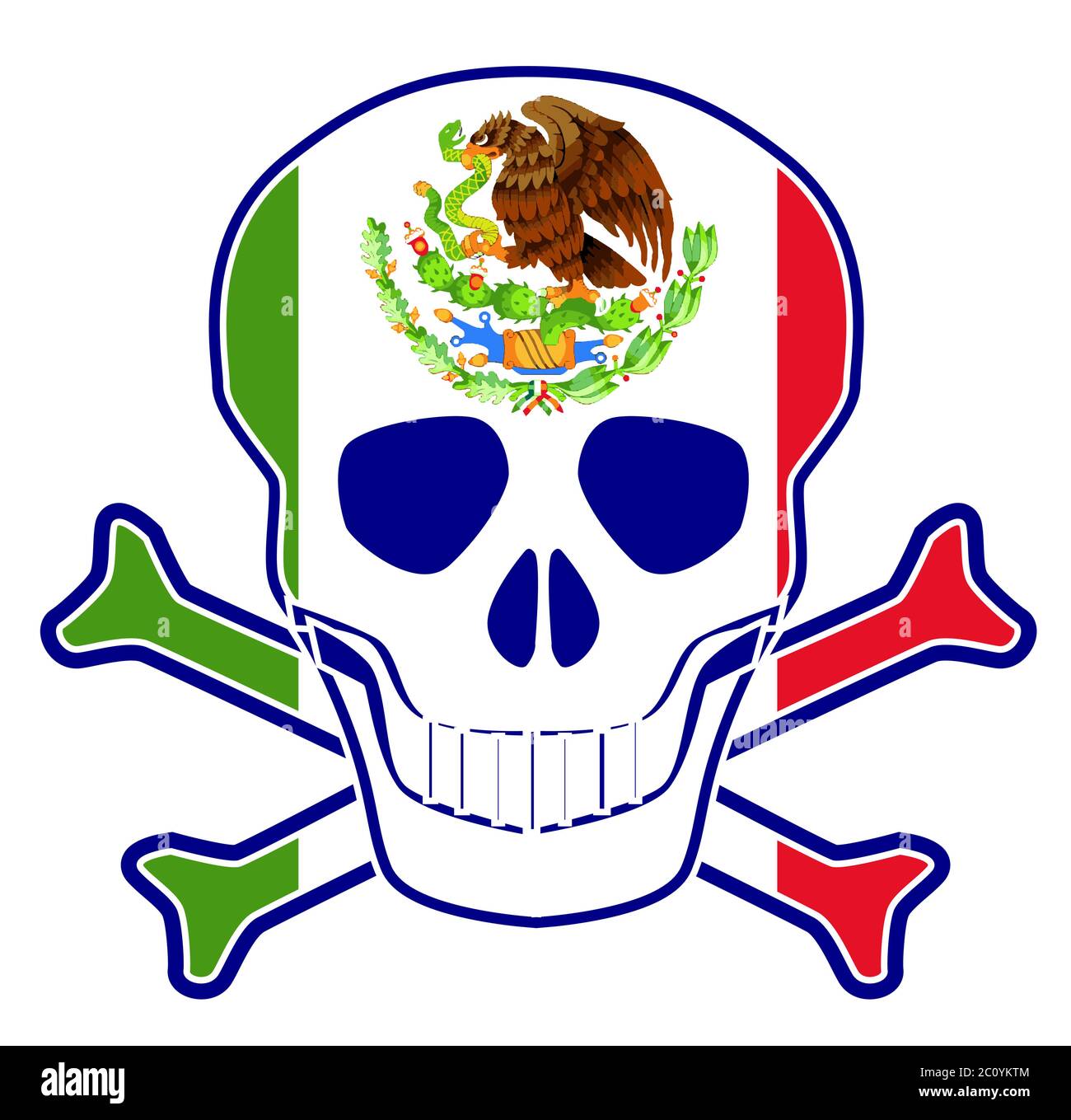 Totenkopf und Kreuzknochen mit der Mexiko-Flagge mit dem aufgehenden Sonnenzeichen auf weißem Hintergrund Stock Vektor