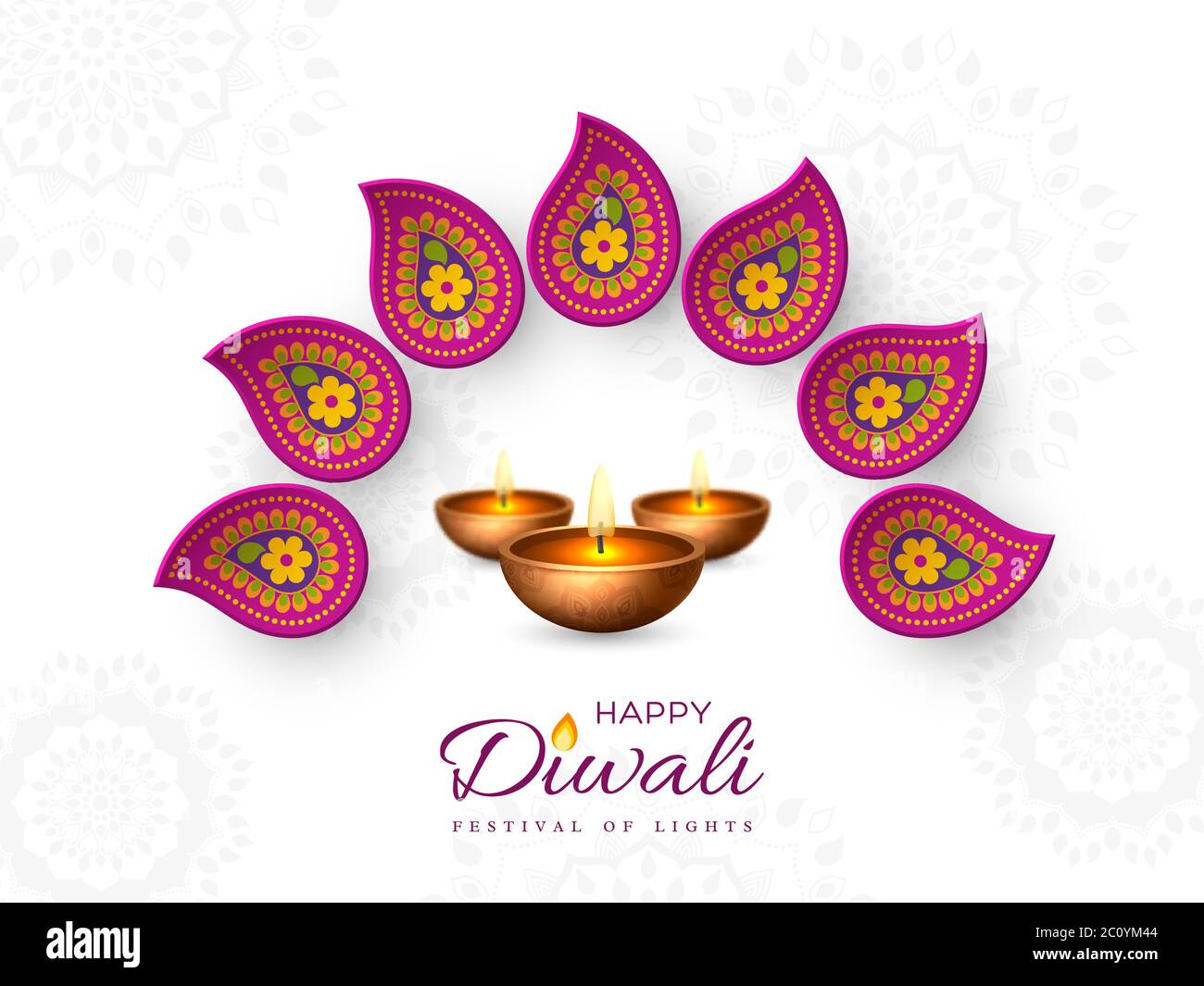 Diwali Festival Urlaub Design mit Papier geschnitten Stil der indischen Rangoli und diya - Öllampe. Violette Farbe auf weißem Hintergrund, Vektorgrafik. Stock Vektor