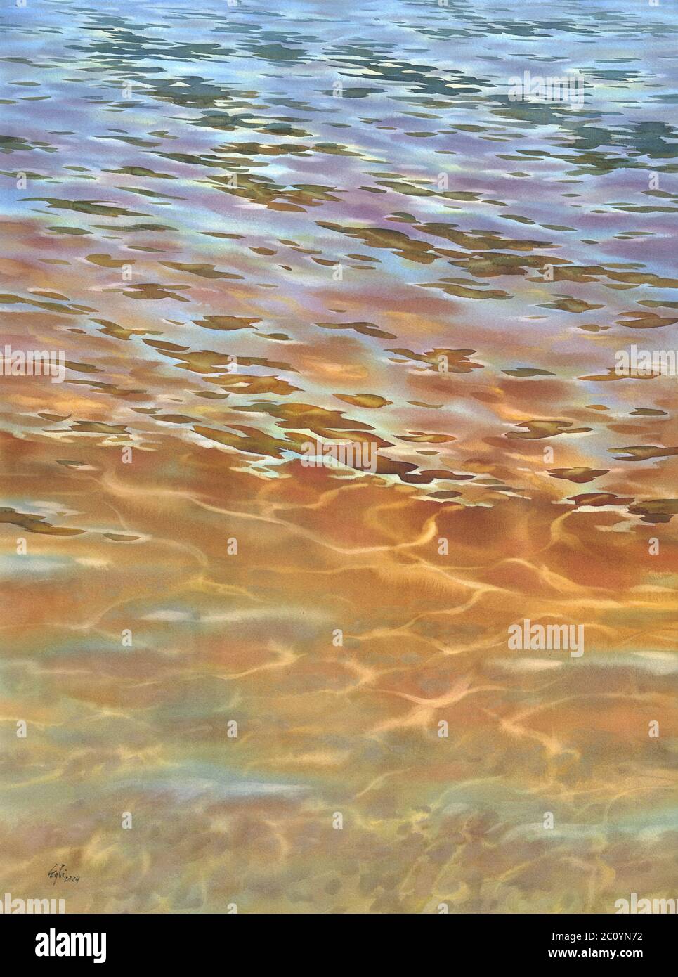 Sonnige Wasser mit transparenten Wellen Aquarell Hintergrund Stockfoto