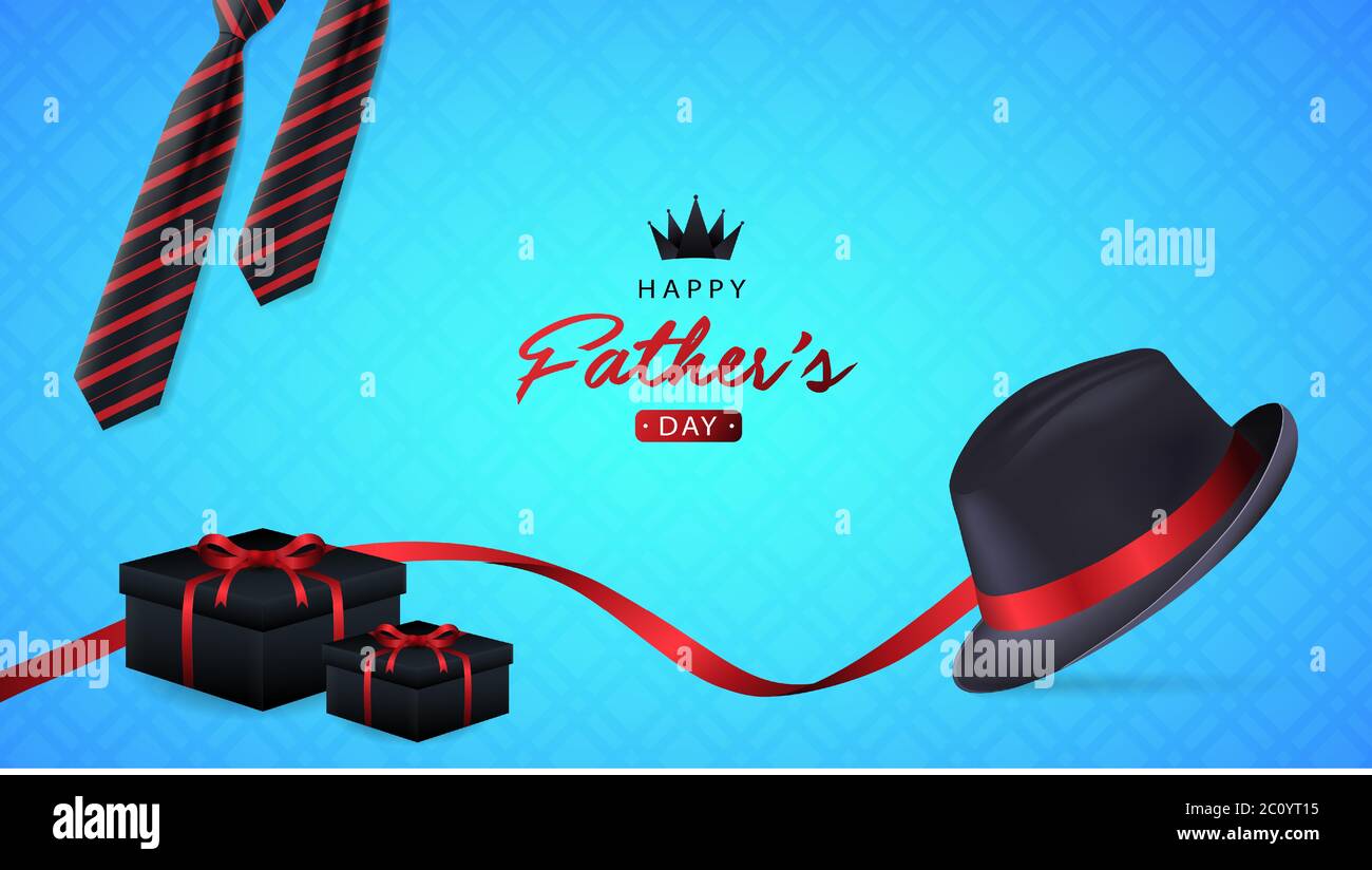 Happy Fathers Day Hintergrund für Grußkarte Vektor-Illustration mit Männer Hüte, Krawatte und Geschenke-Box Stock Vektor