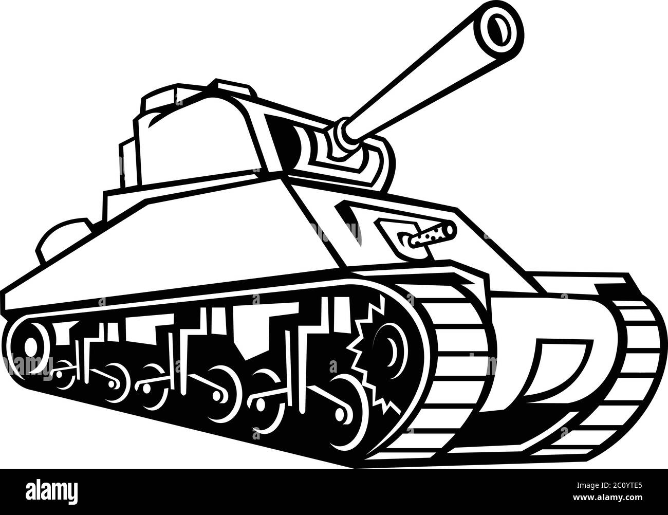 MASCOT Icon Illustration eines M4 Sherman, der am häufigsten verwendete mittlere Panzer von den Vereinigten Staaten und westlichen Alliierten im Zweiten Weltkrieg aus einem niedrigen betrachtet Stock Vektor