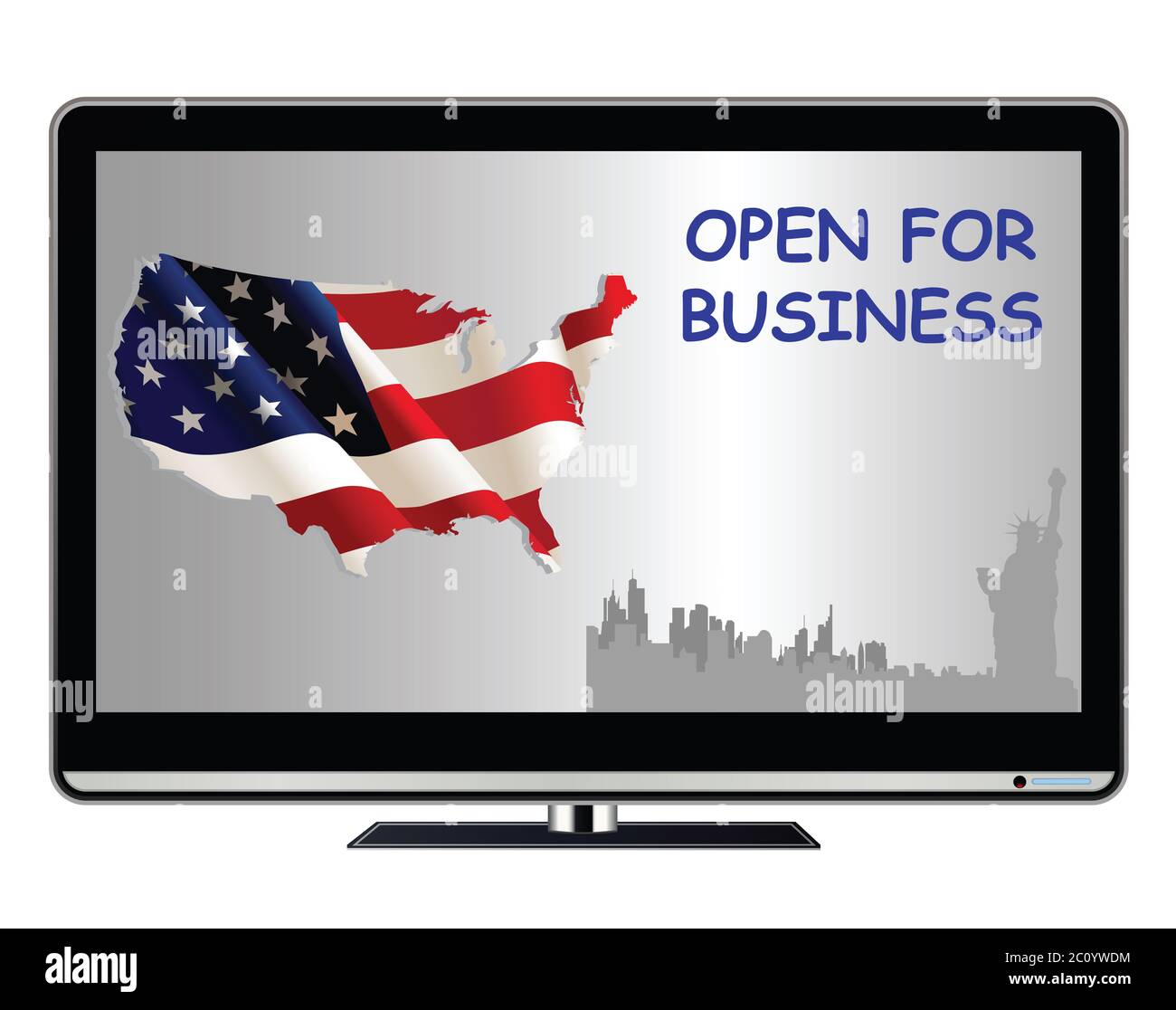 TV-Werbung, die die Vereinigten Staaten von Amerika verkündet, ist nach der weltweiten Pandemie-Wirtschaftsniederlegung für die Wirtschaft offen Stockfoto