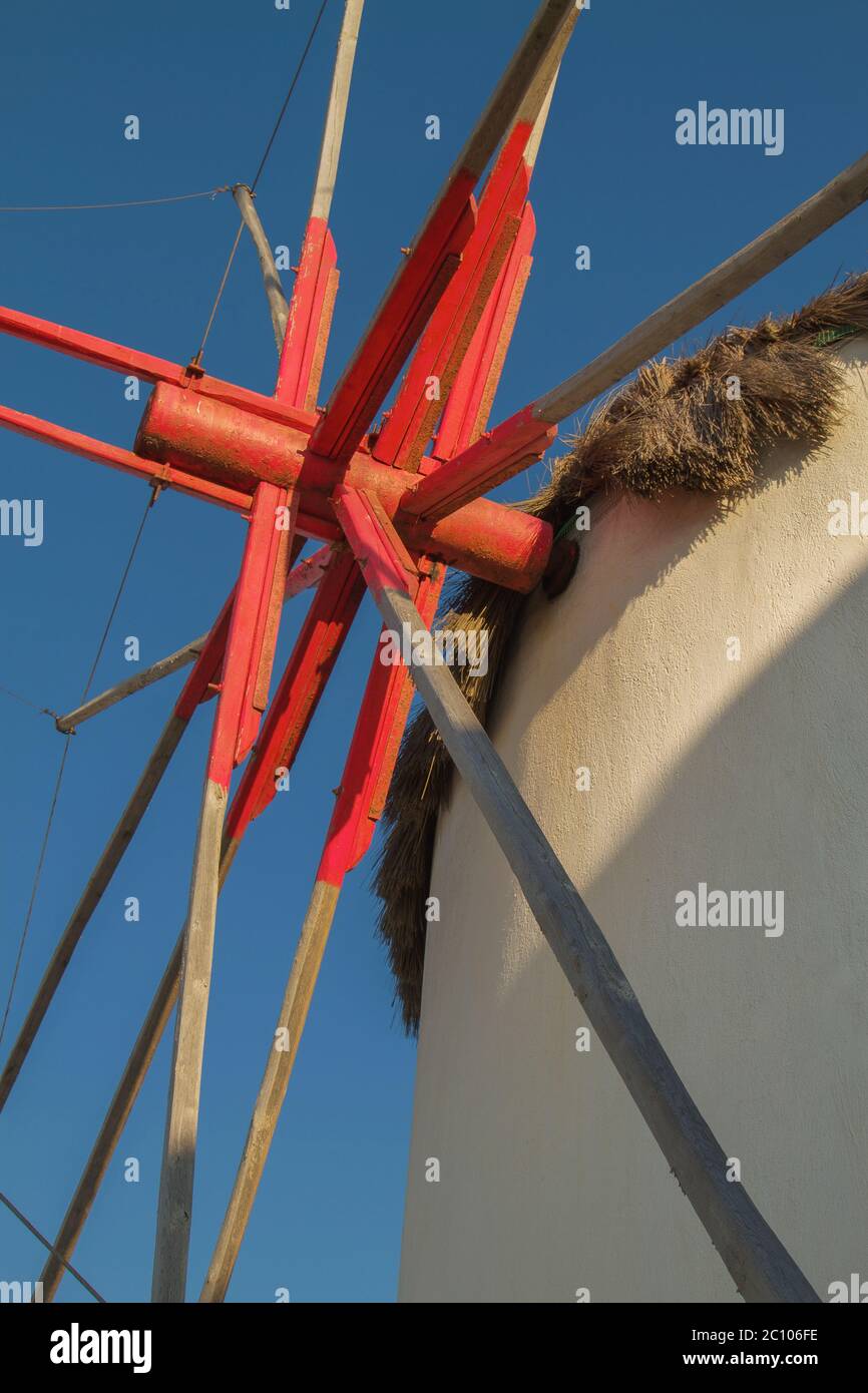 Detail der Mühle Mechanismus in Mykonos Griechenland Stockfoto