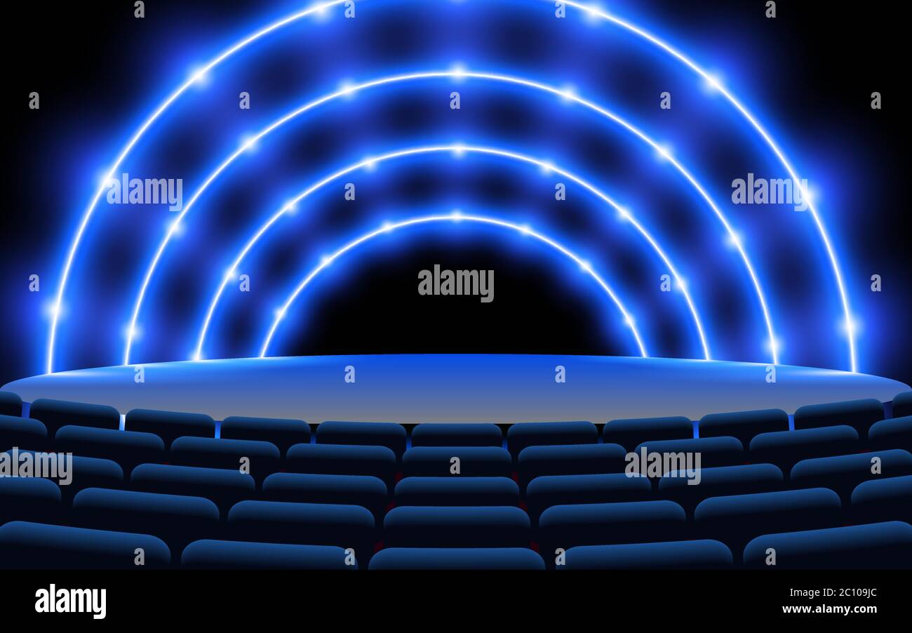 Blaues Neonlicht auf der Bühne mit Stuhl in der Halle Stock Vektor