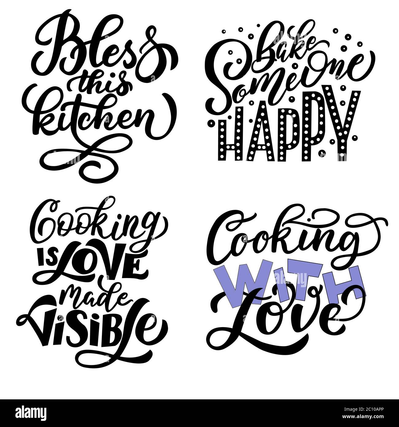 Eine Reihe von motivierenden Phrasen über Küche. Vektorgrafiken auf weißem Hintergrund, für die Gestaltung von Postkarten, Plakaten, Bannern, Drucken für T-Shirts Stock Vektor