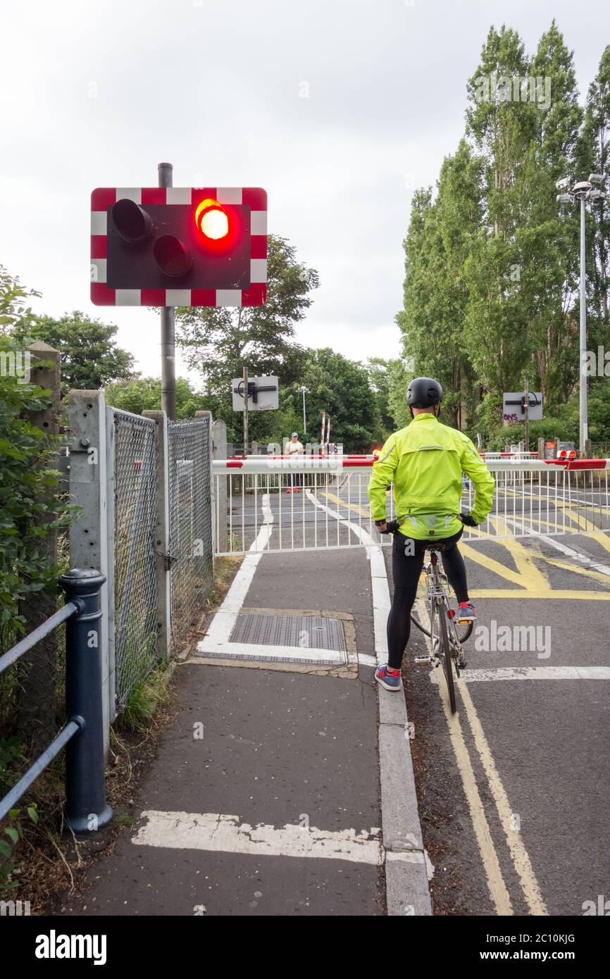 Ein eineineinmuniger Radfahrer am Bahnübergang Vine Road von Network Rail in Barnes, SW London, Großbritannien Stockfoto