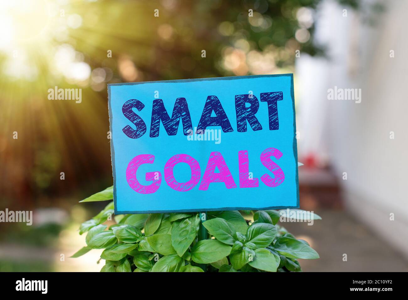 Textschild mit Smart Goals. Business Foto Text Mnemonic als Grundlage für die Festlegung von Zielen und Richtung einfaches leeres Papier an einem Stock befestigt Stockfoto