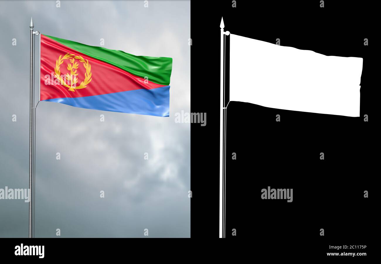 3d-Darstellung der Staatsflagge des Staates Eritrea, die sich im Wind am Fahnenmast vor einem wolkenlosen Himmel mit seinem Alpha-Kanal bewegt Stockfoto