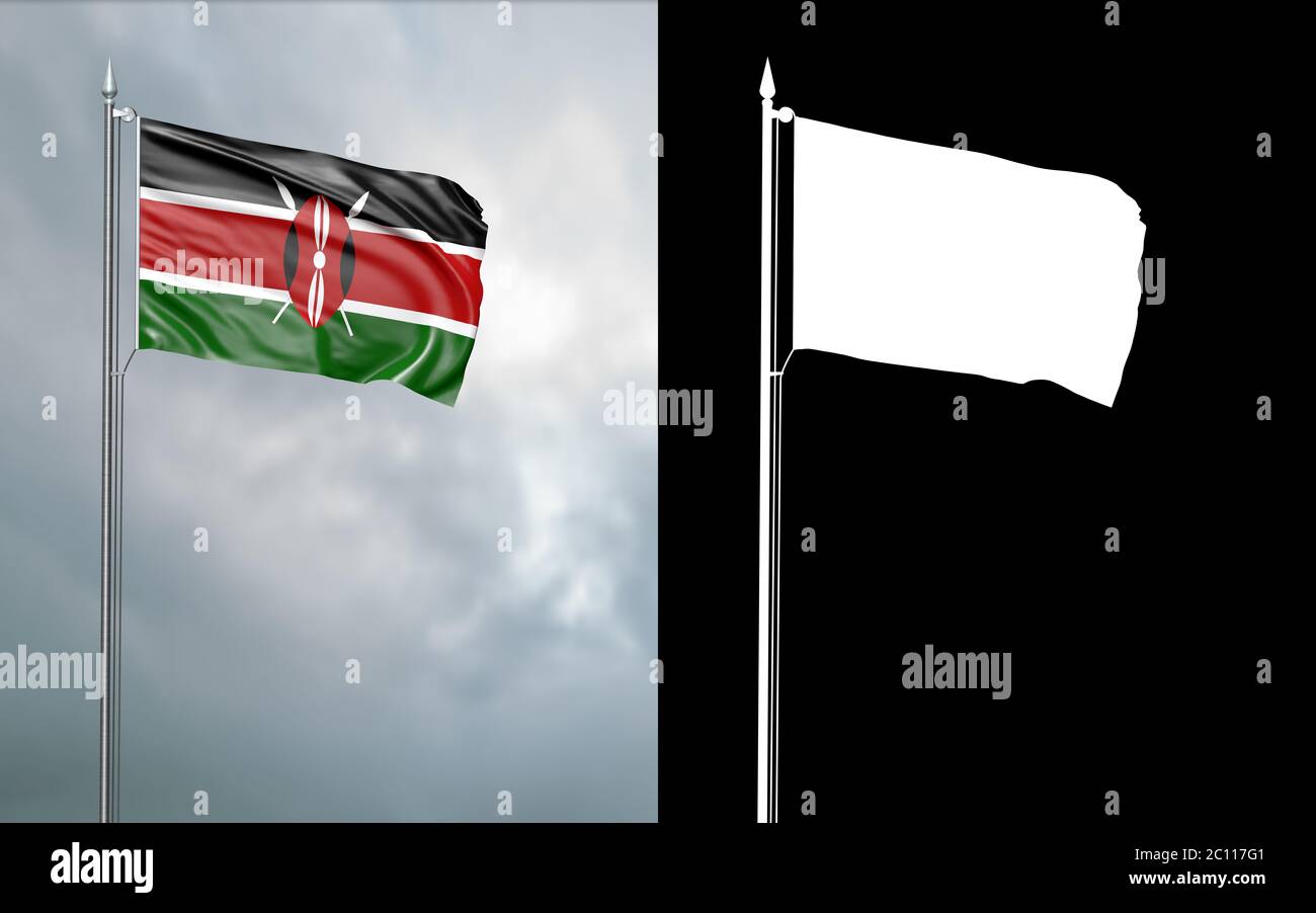 3d-Darstellung der Staatsflagge der Republik Kenia, die sich im Wind am Fahnenmast vor einem wolkenlosen Himmel mit seinem Alphakanal bewegt Stockfoto