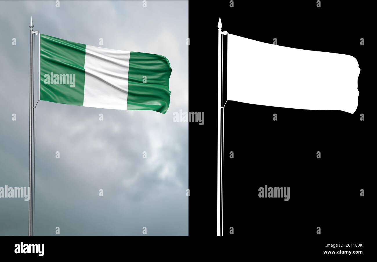 3d-Darstellung der Staatsflagge der Bundesrepublik Nigeria, die sich im Wind am Fahnenmast vor einem wolkenlosen Himmel mit seinem Alpha-Channe bewegt Stockfoto