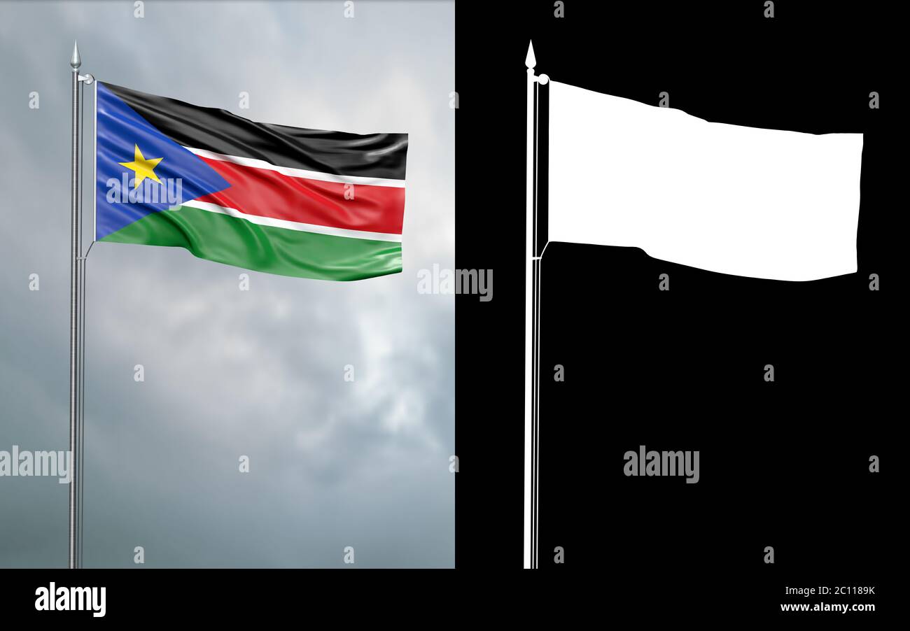 3d-Darstellung der Staatsflagge der Republik Südsudan, die sich im Wind am Fahnenmast vor einem wolkenlosen Himmel mit seinem Alphakanal bewegt Stockfoto