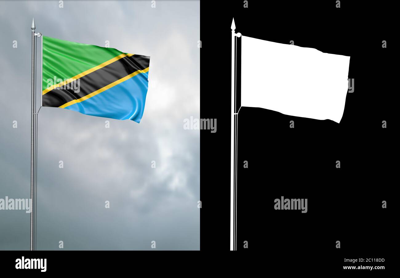 3d-Darstellung der Staatsflagge der Vereinigten Republik Tansania, die sich im Wind am Fahnenmast vor einem wolkenlosen Himmel mit seinem Alpha-Channe bewegt Stockfoto