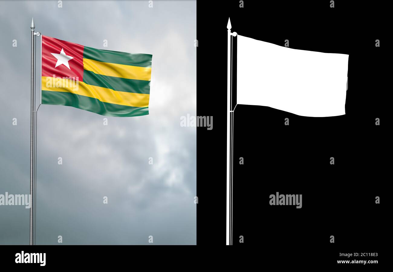 3d-Darstellung der Staatsflagge der togolesischen Republik, die sich im Wind am Fahnenmast vor einem wolkenlosen Himmel mit seinem Alphakanal bewegt Stockfoto