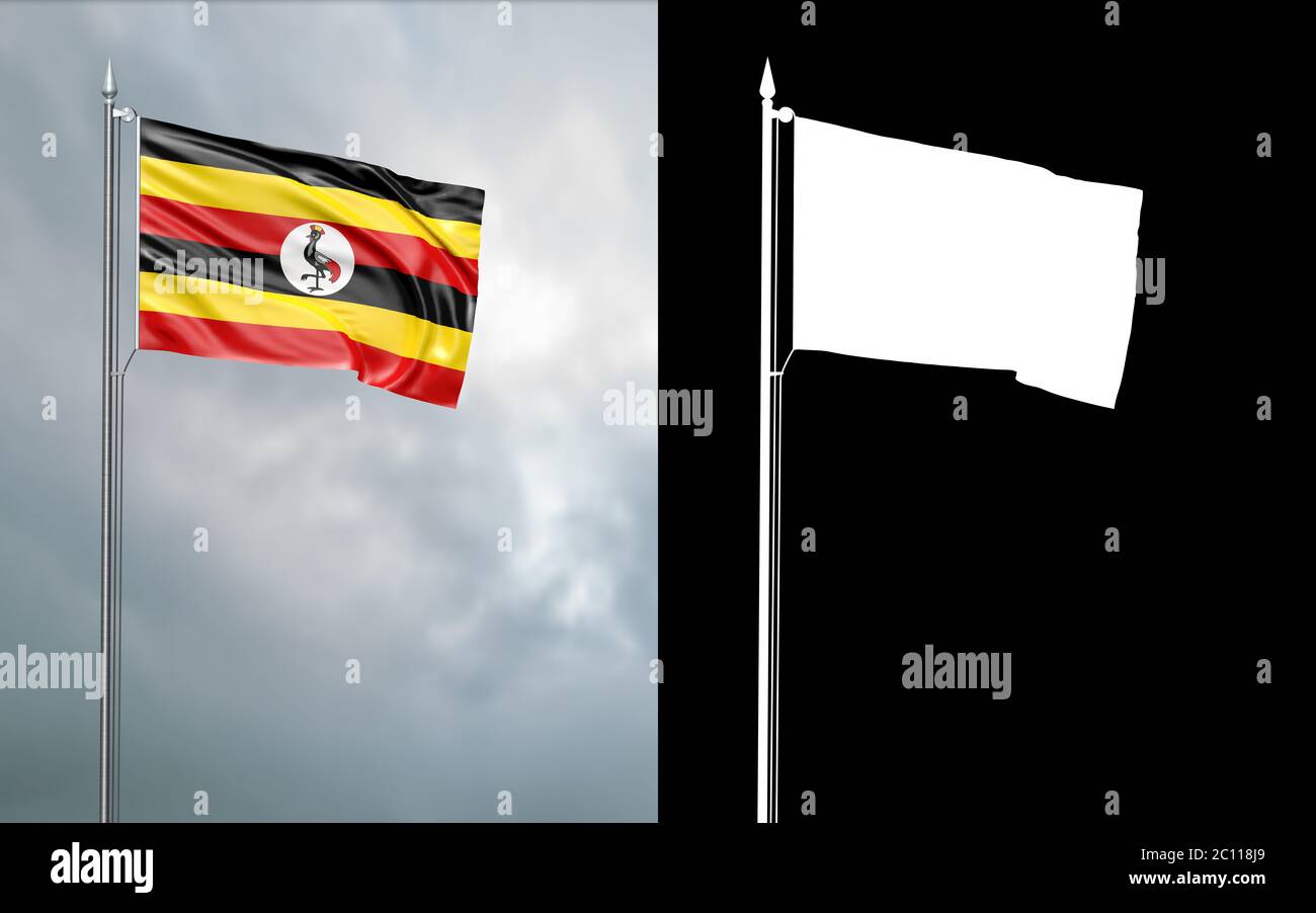3d-Darstellung der Staatsflagge der Republik Uganda, die sich im Wind am Fahnenmast vor einem wolkenlosen Himmel mit seinem Alphakanal bewegt Stockfoto
