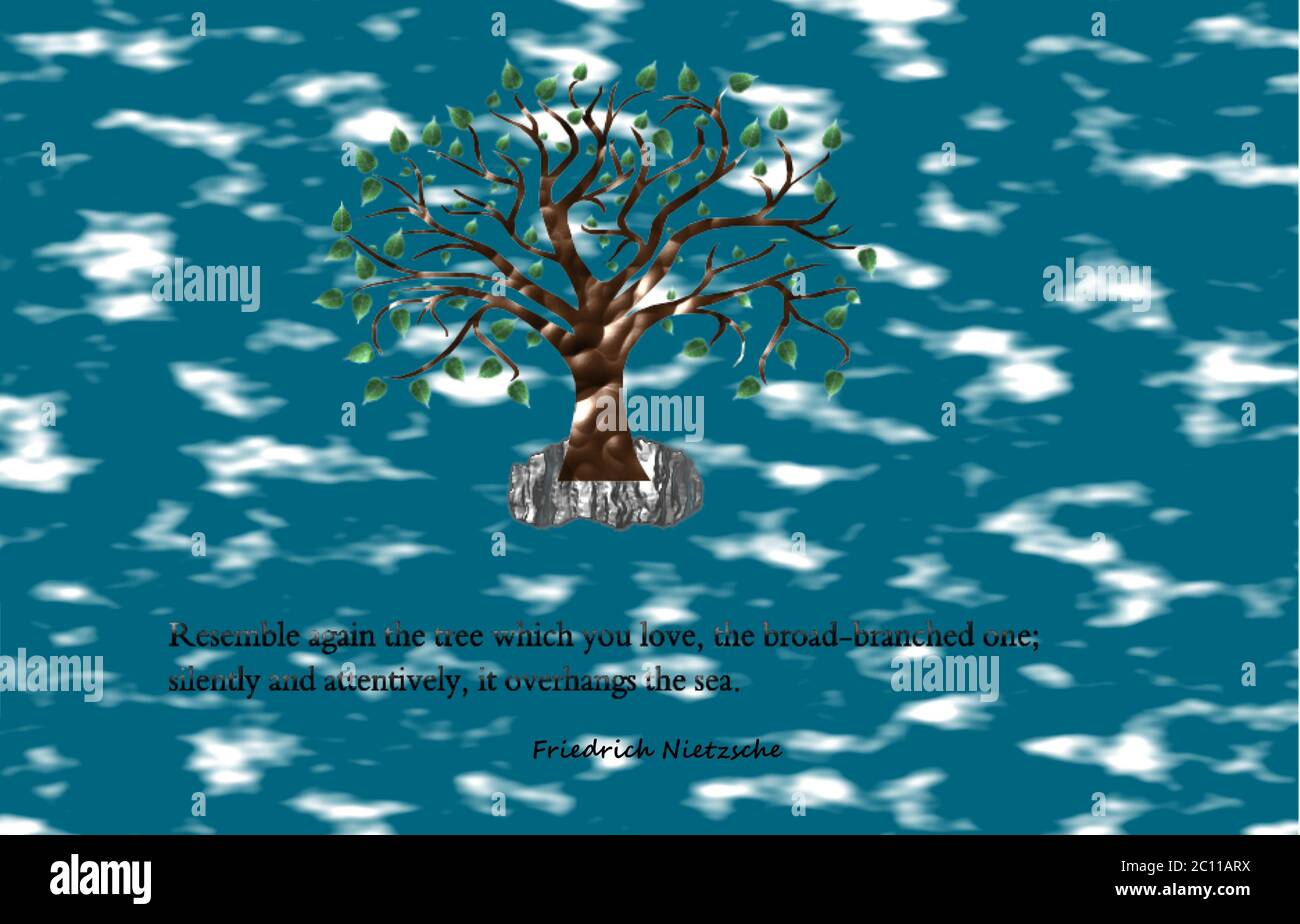 Zitat über Einsamkeit - Baum auf einem Felsen in der Mitte des Meeres Stock Vektor