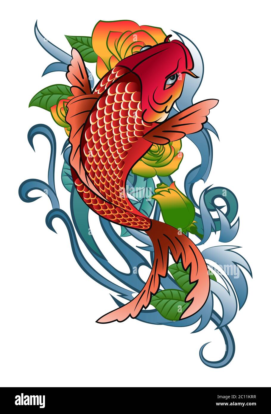 Illustration Eines Koi Fisch Springen Tattoo In Farbe Und Schwarz Und Weiss Auf Weissem Hintergrund Stockfotografie Alamy