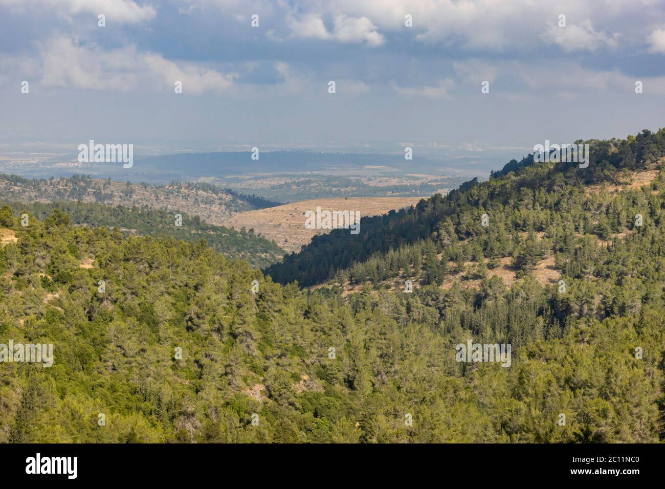 Die Küstenebene Israels, von den Judäa-Bergen aus gesehen, in der Nähe von Jerusalem, an einem wolkigen, trüben Tag. Stockfoto