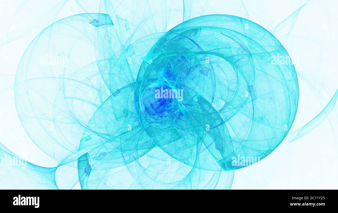 Leuchtende blau geschwungene Linien und Kugeln über hellen abstrakten Hintergrund Raum Universum. Abbildung Stockfoto