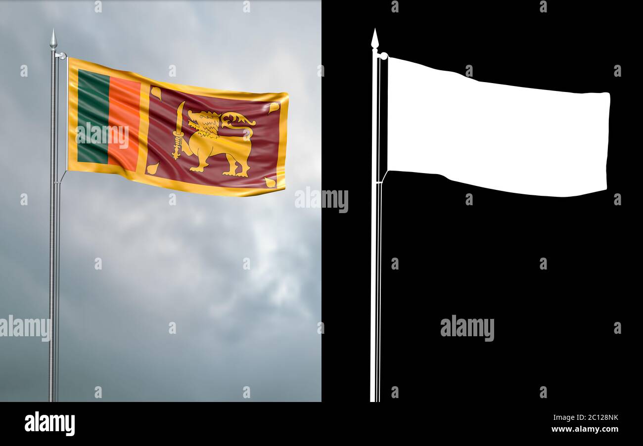 3d-Darstellung der Staatsflagge der Demokratischen Sozialistischen Republik Sri Lanka, die sich im Wind am Fahnenmast vor einem wolkenbetrüben Himmel mit i bewegt Stockfoto