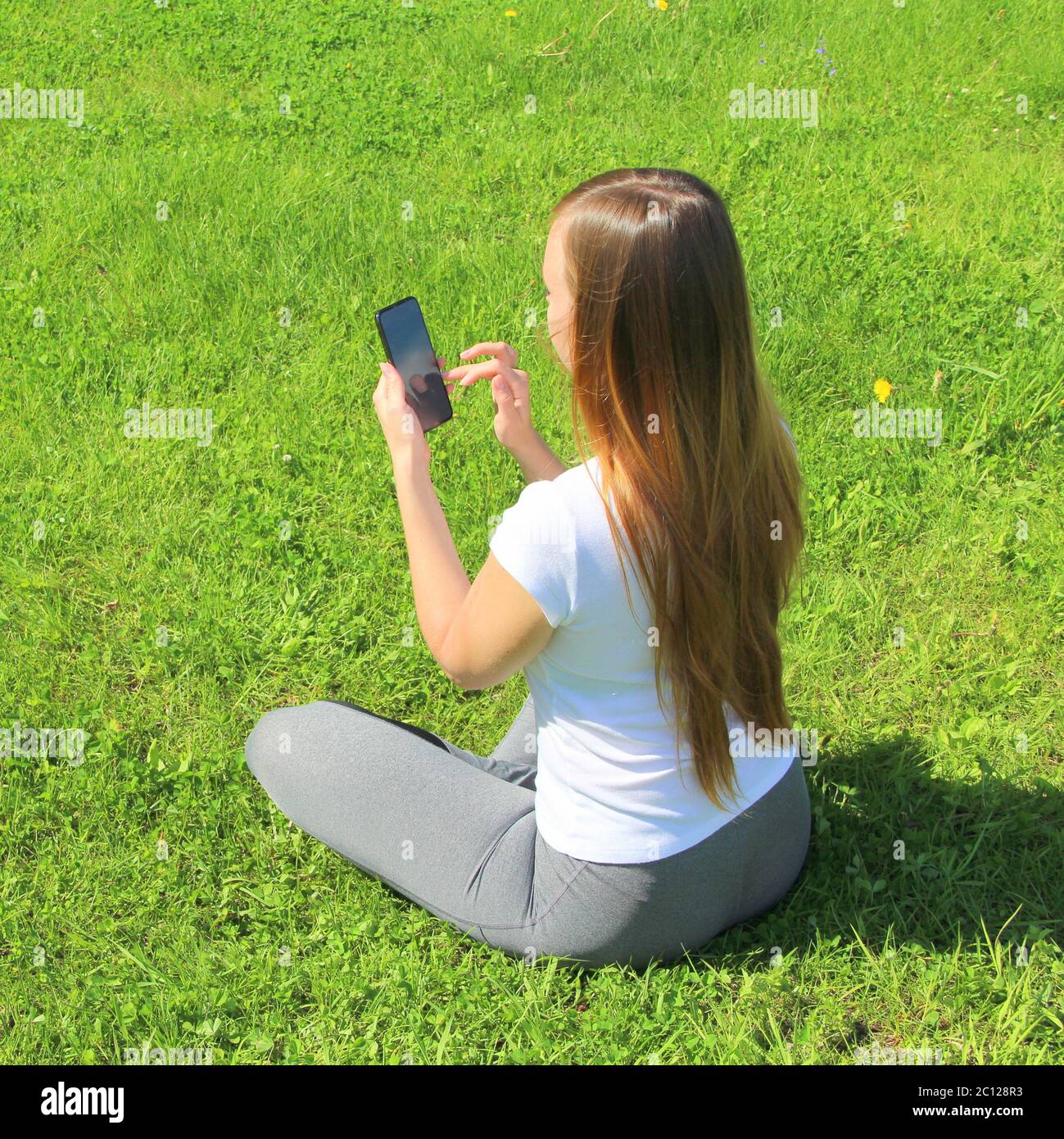 Ein junges schönes Mädchen von europäischem Aussehen in einem weißen T-Shirt mit langen blonden Haaren sitzt auf grünem Gras, auf dem Rasen mit einem Handy in den Händen, kippt durch soziale Netzwerke, arbeitet im Telefon. Stockfoto