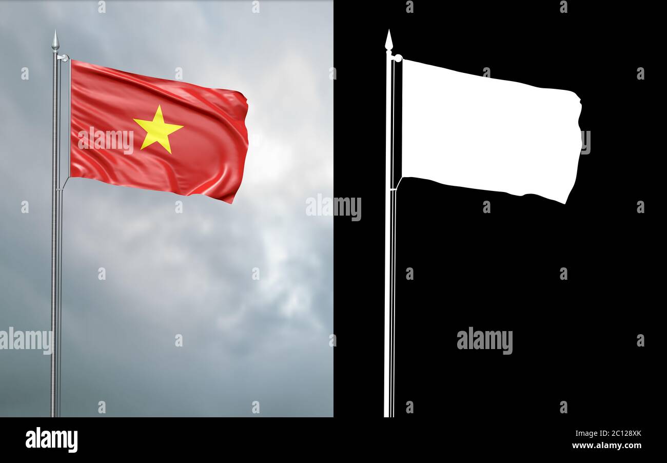 3d-Darstellung der Staatsflagge der Sozialistischen Republik Vietnam, die sich im Wind am Fahnenmast vor einem wolkenverhangenem Himmel mit seinem Alpha-Chan bewegt Stockfoto
