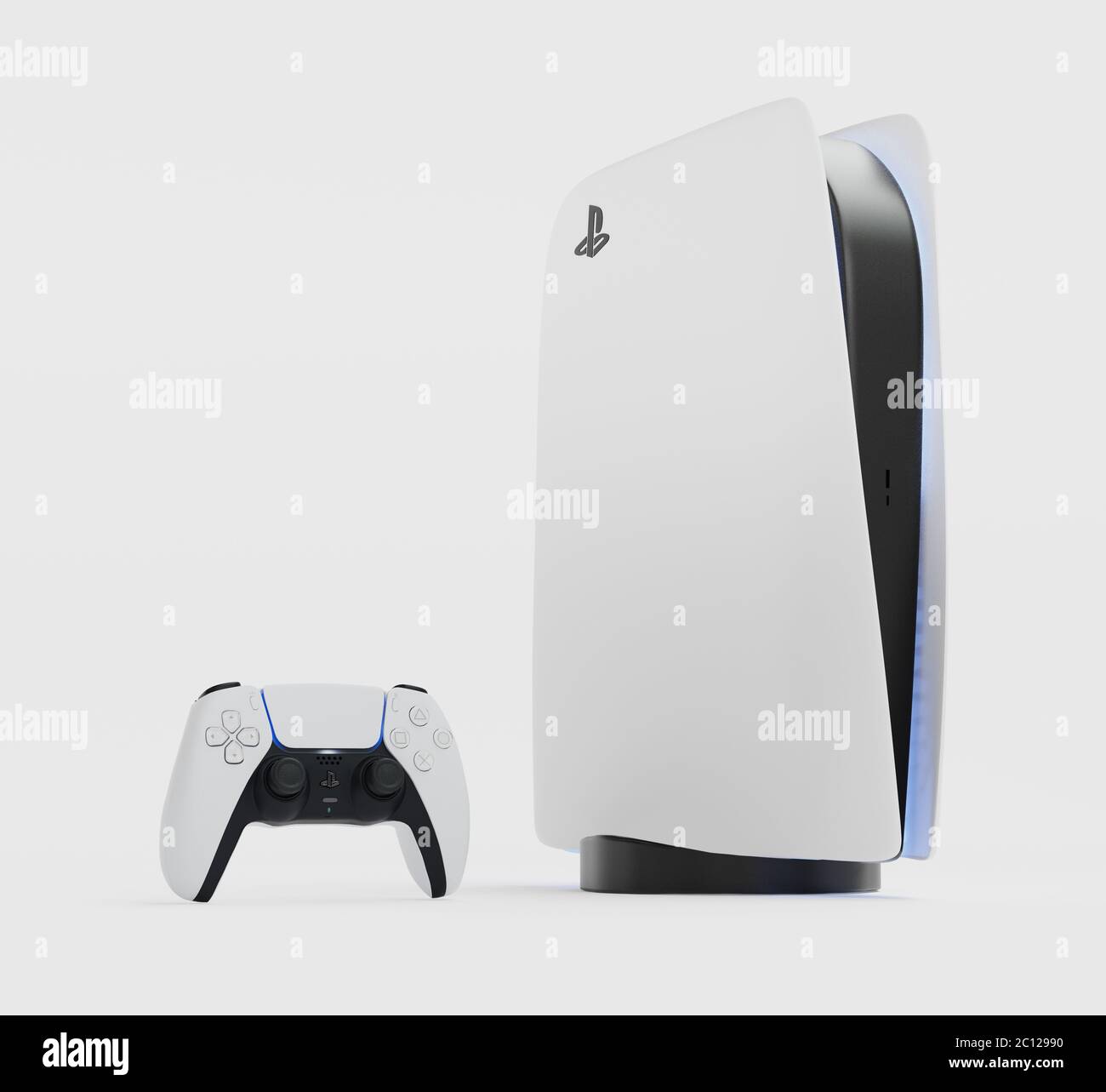 Japan – 11. Juni 2020. Präsentation eines neuen Produkts von Sony, drahtlose weiße Konsole PlayStation 5 und Gamepad auf weißem Hintergrund, Spielkonsole. 3d Stockfoto