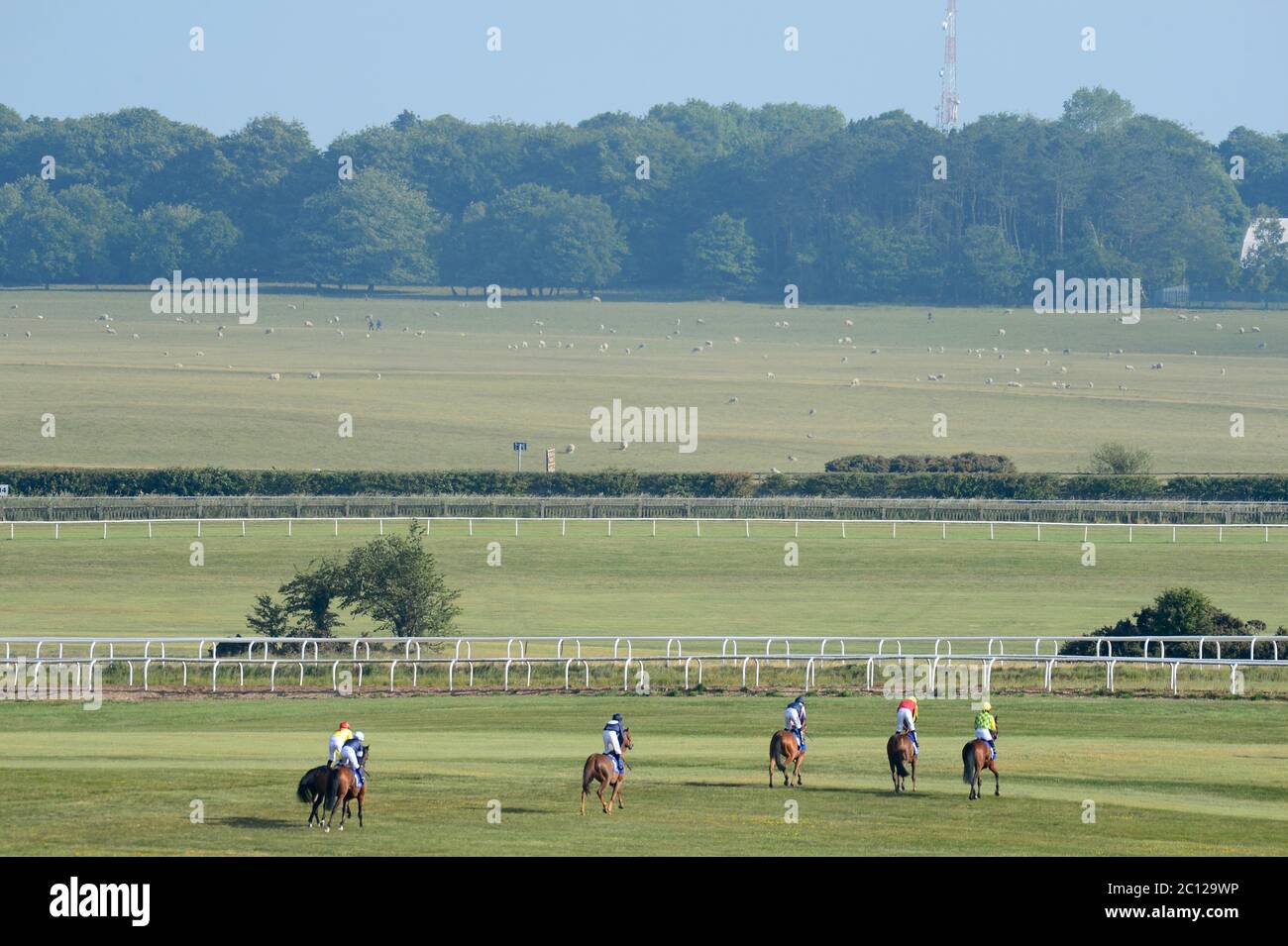 Läufer und Reiter starten zum ISF Ragusa Handicap auf der Curragh Racecourse. Stockfoto