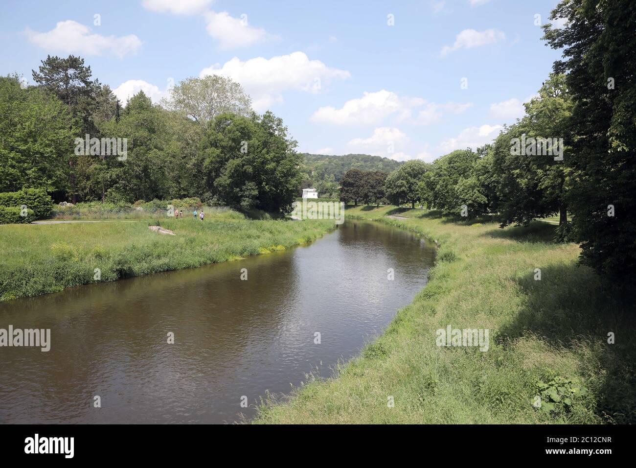 Gera, Deutschland. Juni 2020. Der Lauf der Weisse Elster verläuft durch das Grün des Hofwiesenparks. Quelle: Bodo Schackow/dpa-Zentralbild/ZB/dpa/Alamy Live News Stockfoto