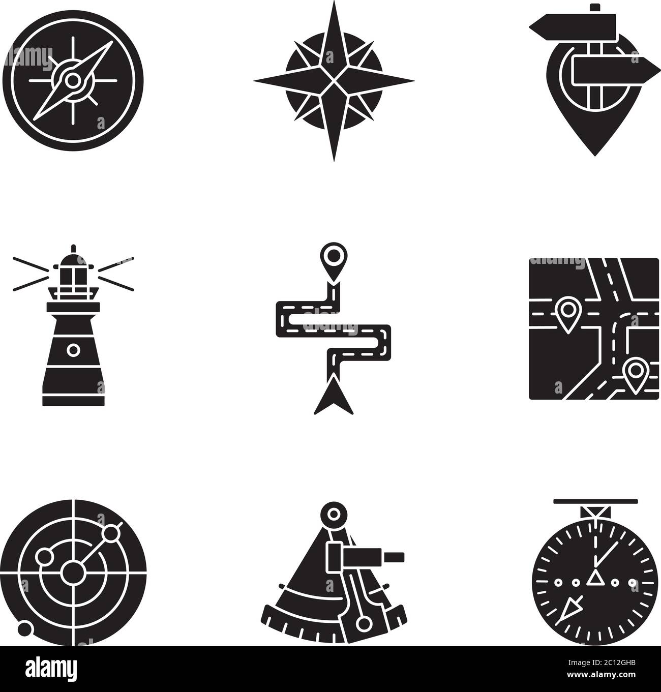 Navigation schwarze Glyphen Symbole auf weißen Raum gesetzt Stock Vektor