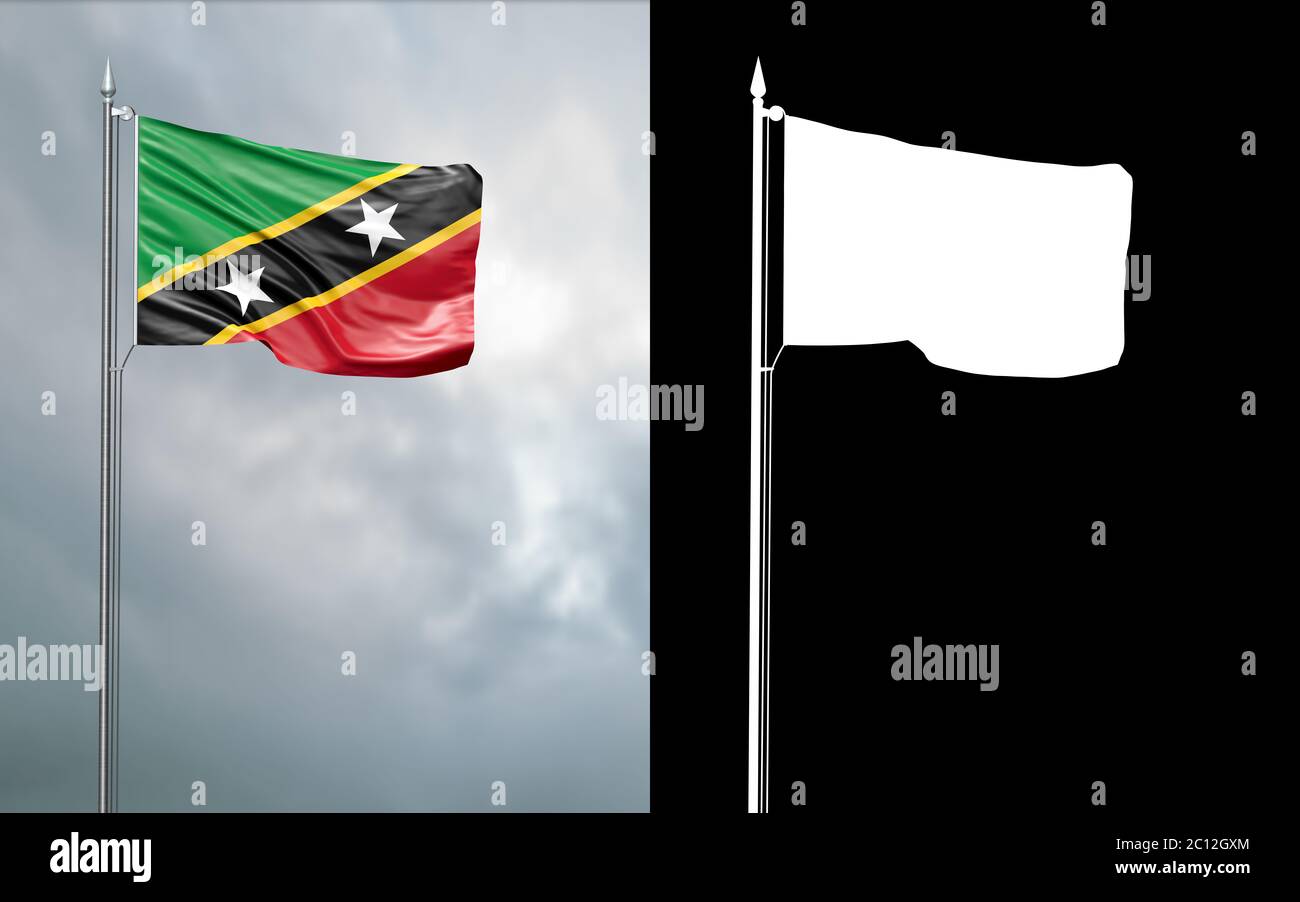 3d-Darstellung der Staatsflagge der Föderation von St. Christopher und Nevis, die sich im Wind am Fahnenmast vor einem wolkenlosen Himmel mit ihm bewegt Stockfoto