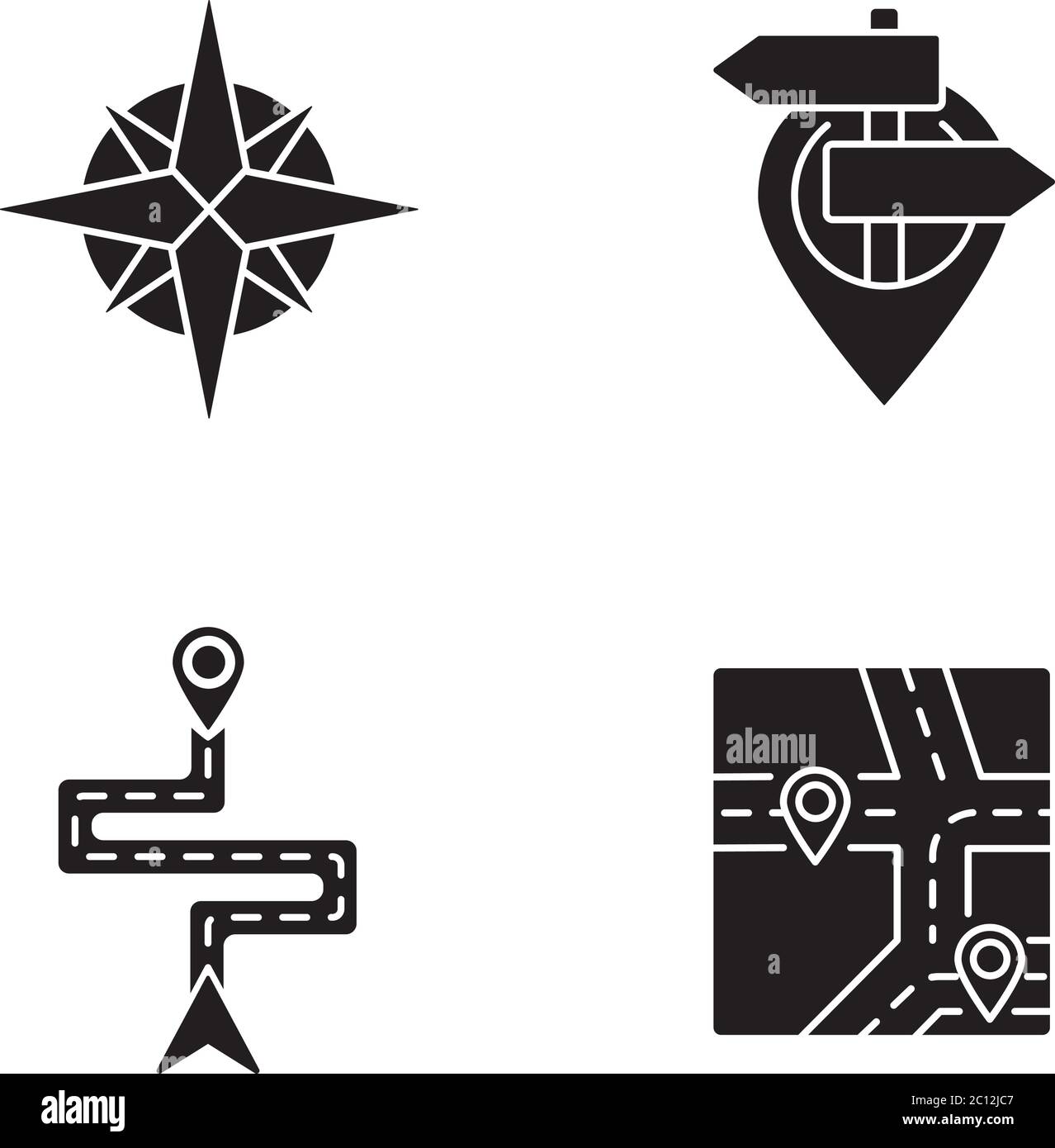 Navigation schwarze Glyphen Symbole auf weißen Raum gesetzt Stock Vektor