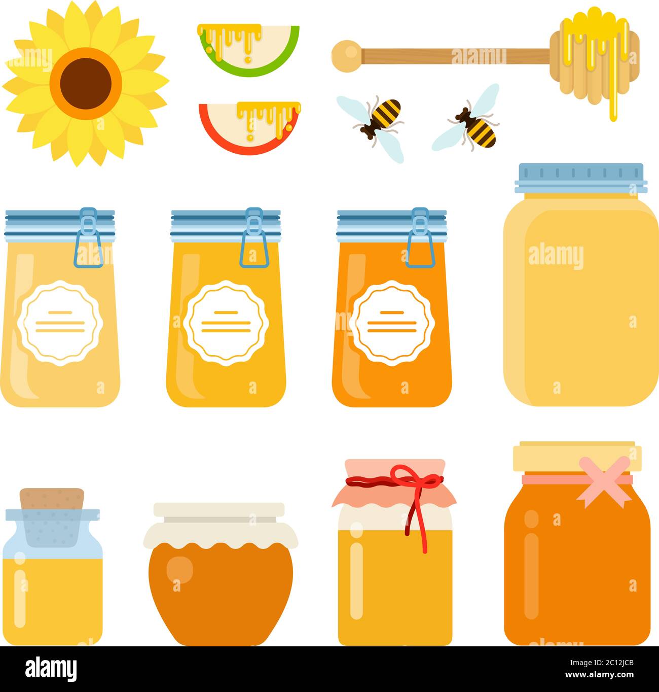 Set aus Glasgefäßen, Bienen, Holzlöffel mit Honigtropfen, eine Sonnenblume und Scheiben von Äpfeln mit Honig fließt flach isoliert Stock Vektor