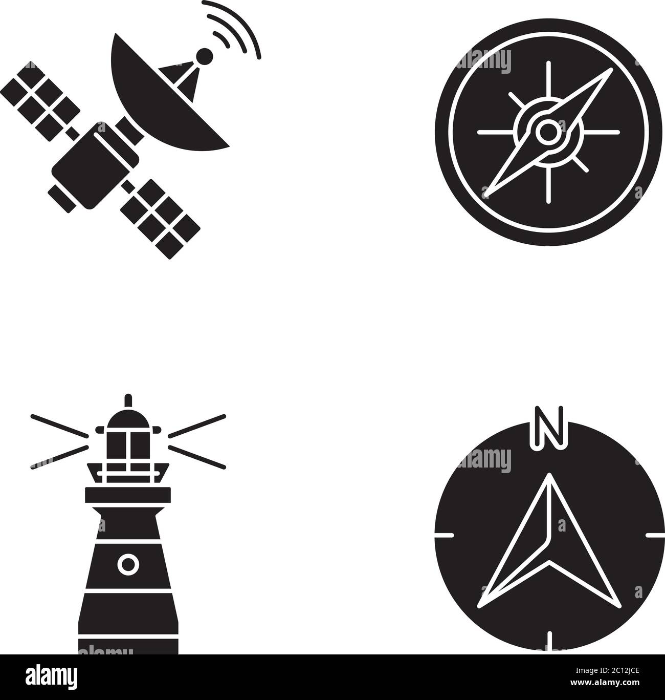 Navigation schwarze Glyphen Symbole auf weißen Raum gesetzt Stock Vektor