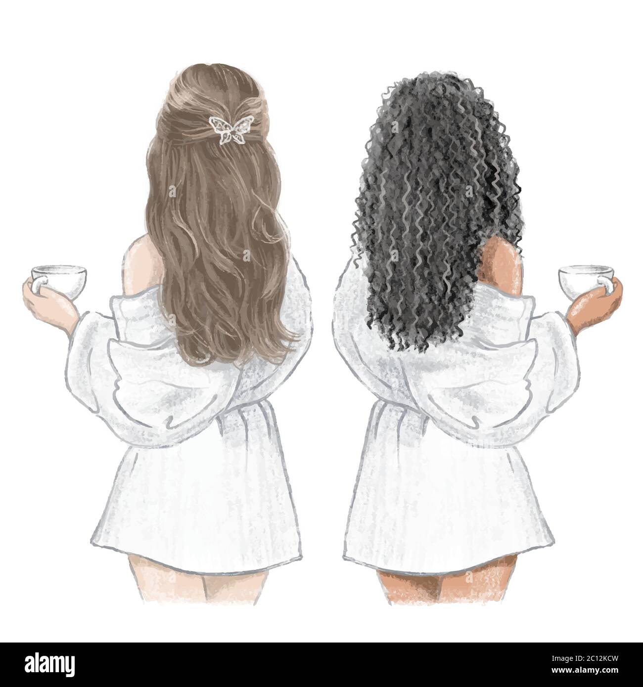 Mädchen Spa Day. Zwei Freunde in weißen Bademänteln mit Tassen Tee, handgezeichnete Illustration Stock Vektor