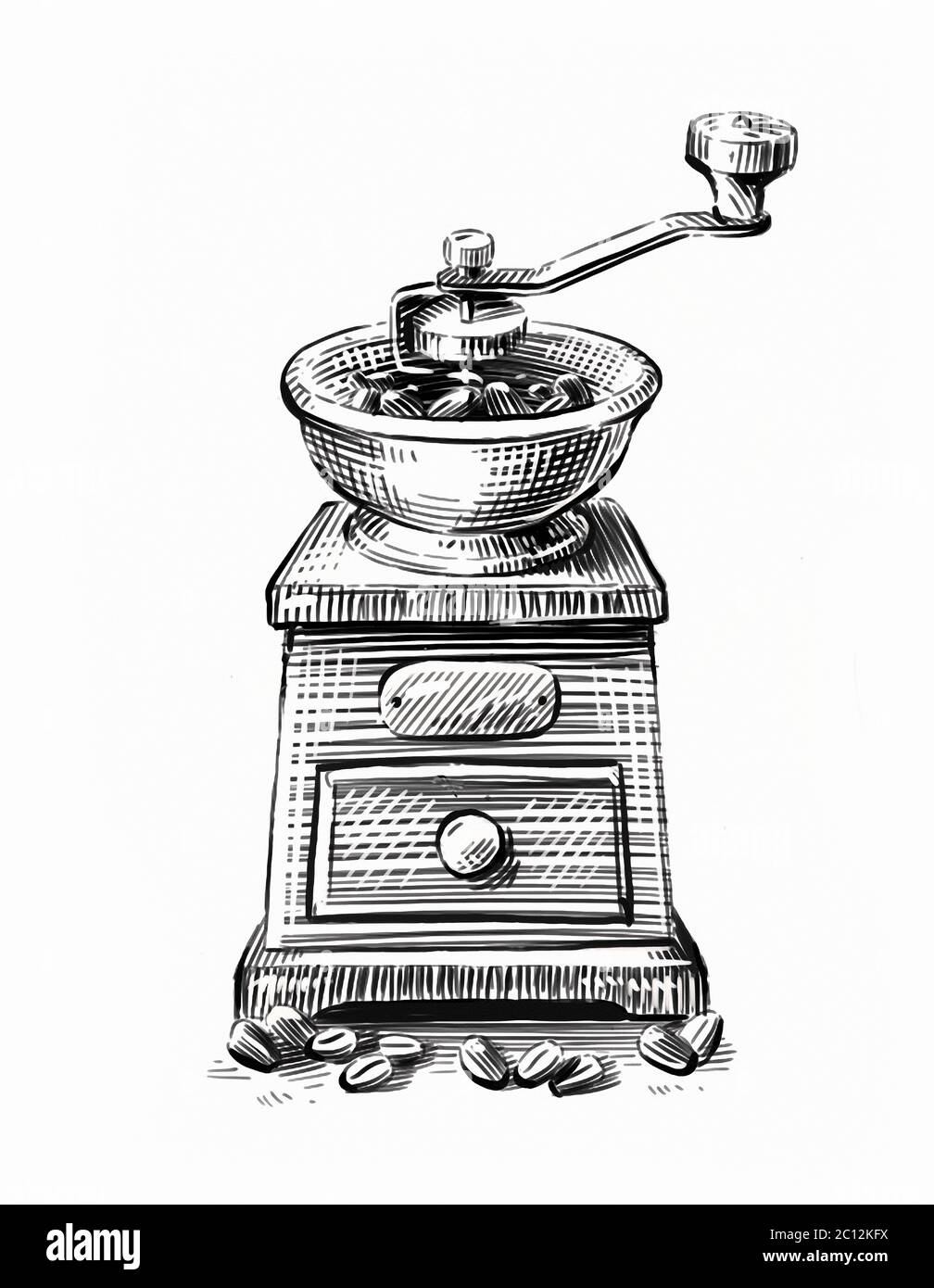 Handgezeichnete Skizze Kaffeemühle isoliert auf weißem Hintergrund Stockfoto