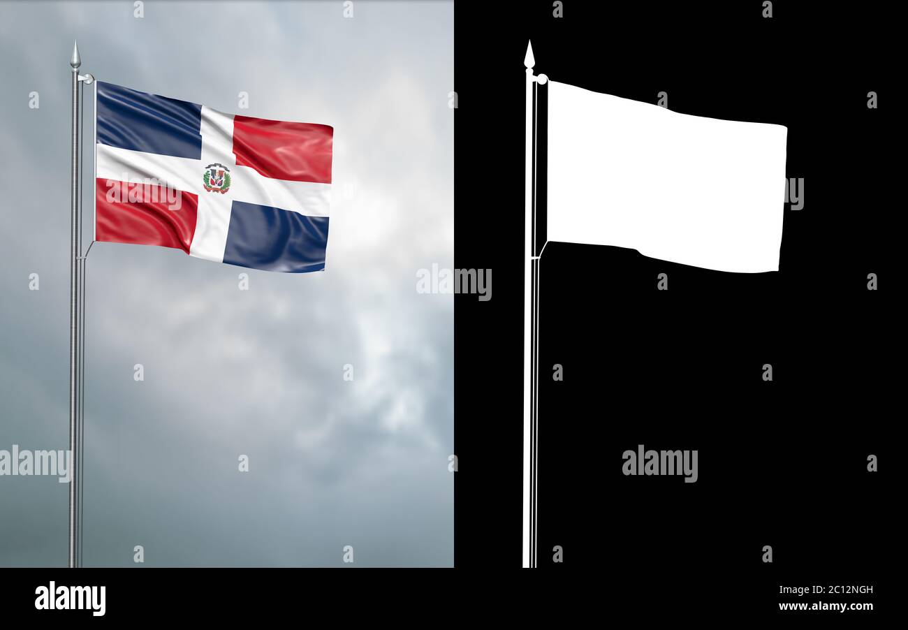 3d-Darstellung der Staatsflagge des Commonwealth von Dominica, die sich im Wind am Fahnenmast vor einem wolkenlosen Himmel mit seinem Alpha-Kanal bewegt Stockfoto