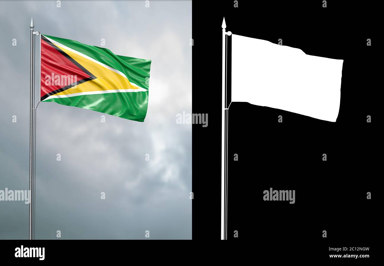 3d-Darstellung der Staatsflagge der Kooperativen Republik Guyana, die sich im Wind am Fahnenmast vor einem wolkenbetrübten Himmel mit seinem Alpha-Kanal bewegt Stockfoto