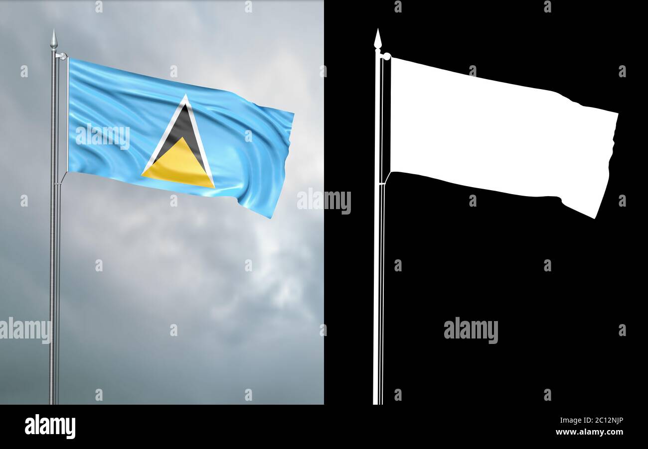 3d-Darstellung der Staatsflagge der Heiligen Lucia, die sich im Wind am Fahnenmast vor einem wolkenlosen Himmel mit seinem Alphakanal bewegt Stockfoto