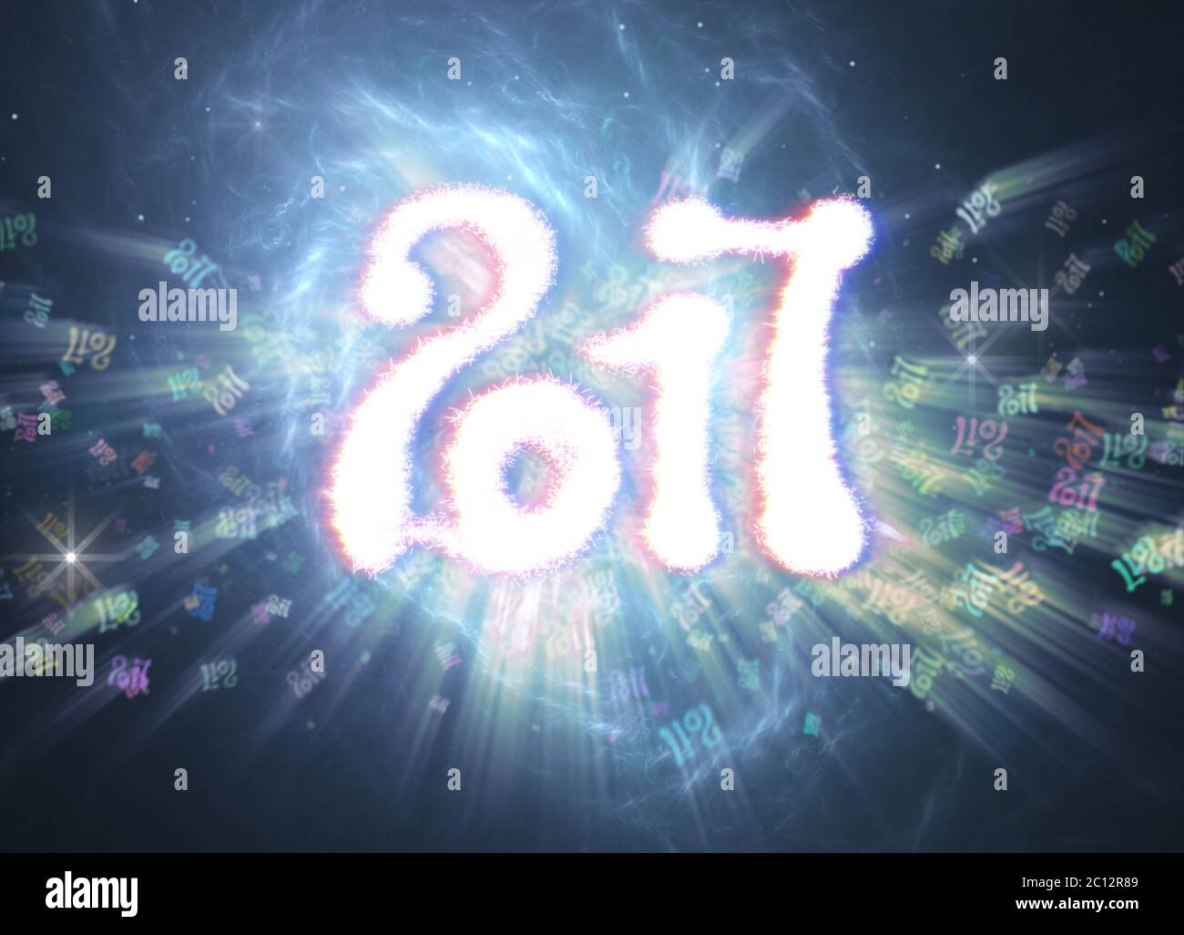 Frohes neues Jahr 2017 isoliert Zahlen mit Licht auf hellen Bokeh Hintergrund voller fliegen 3D-Illustration Ziffern geschrieben Stockfoto