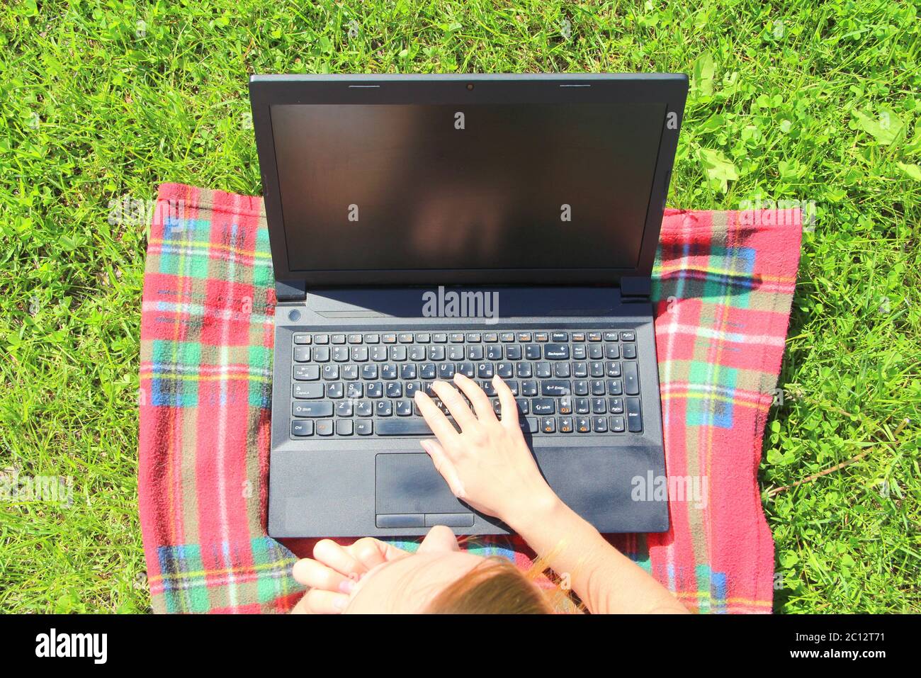 Der Laptop ist auf dem grünen Gras auf einem rot karierten Karomuschel, das Mädchen arbeitet am Computer auf dem Rasen. Die Hand des Mannes ist auf der Tastatur. Stockfoto